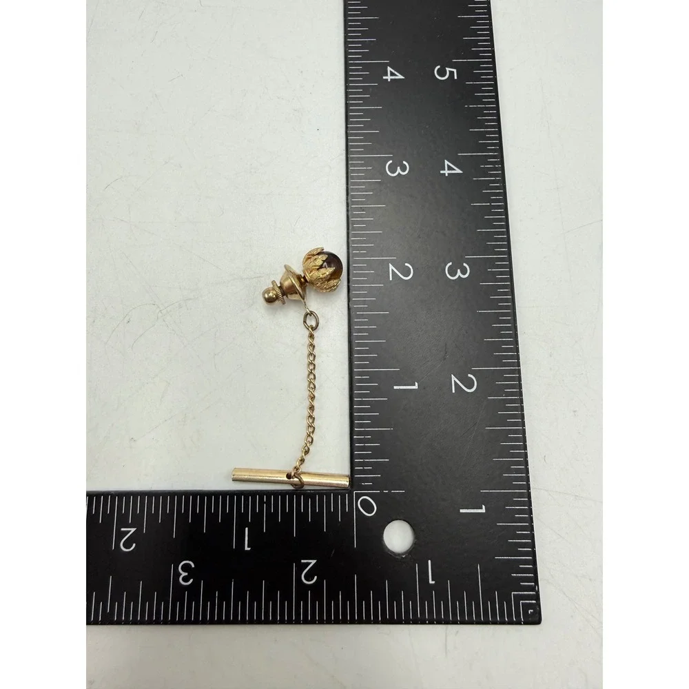 Vtg Gold Tone Tigers Eye Tie Tack Pin‎ with Security Chain and T-Bar Accessory